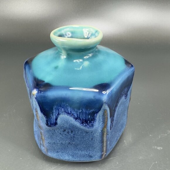 Kotobuki Peppercorn Hexagon Vase Set 2 Made in Japan W Tags Blue Green Glaze VTG - Picture 11 of 16